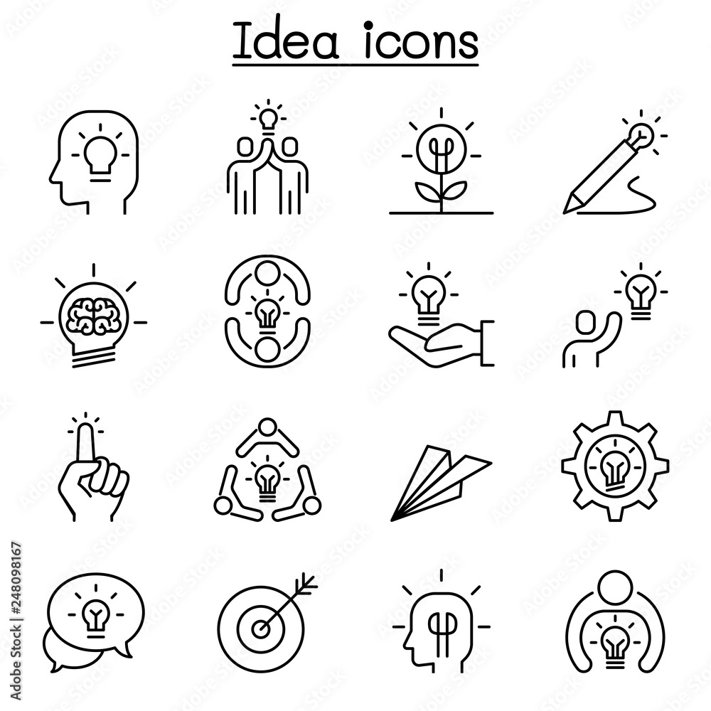 Idea, thinking, planning, Strategy, development, imagine icon set in thin line style Idea, thinking, planning, Strategy, development, imagine icon set in thin line style