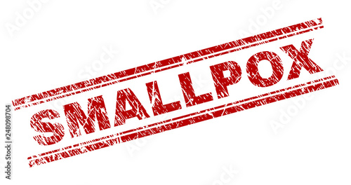 SMALLPOX seal print with distress texture. Red vector rubber print of SMALLPOX text with dirty texture. Text label is placed between double parallel lines.