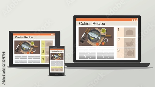 Laptop, mobile phone and tablet with recipe. Online cooking concept. Vector Illustration