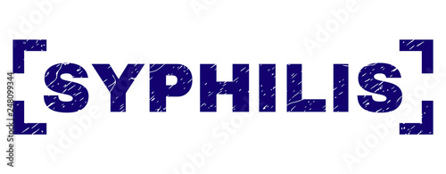 SYPHILIS text seal stamp with distress texture. Text caption is placed between corners. Blue vector rubber print of SYPHILIS with retro texture.