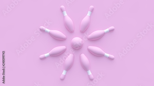 Pastel Pink Bowling Pins And Ball  On The Pastel Pink Background - 3D Illustration