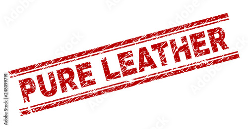 PURE LEATHER seal print with distress texture. Red vector rubber print of PURE LEATHER title with unclean texture. Text caption is placed between double parallel lines.