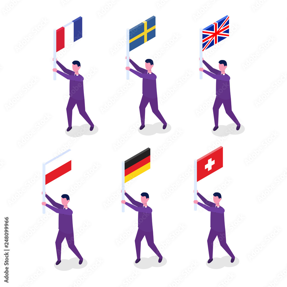 Man hold flag of the countries icons set. Isometric vector illustration.