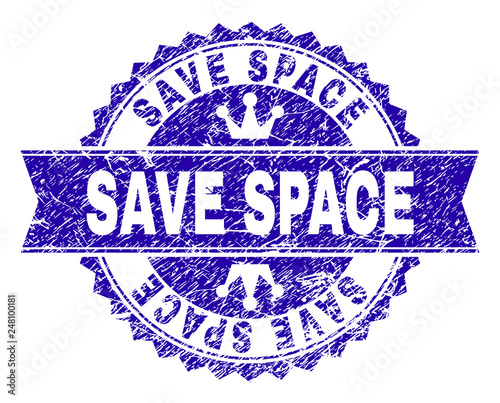 SAVE SPACE rosette stamp watermark with distress style. Designed with round rosette, ribbon and small crowns. Blue vector rubber watermark of SAVE SPACE label with scratched style.