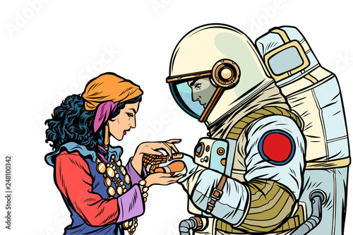 The fortune teller, and an astronaut. Isolate on white background
