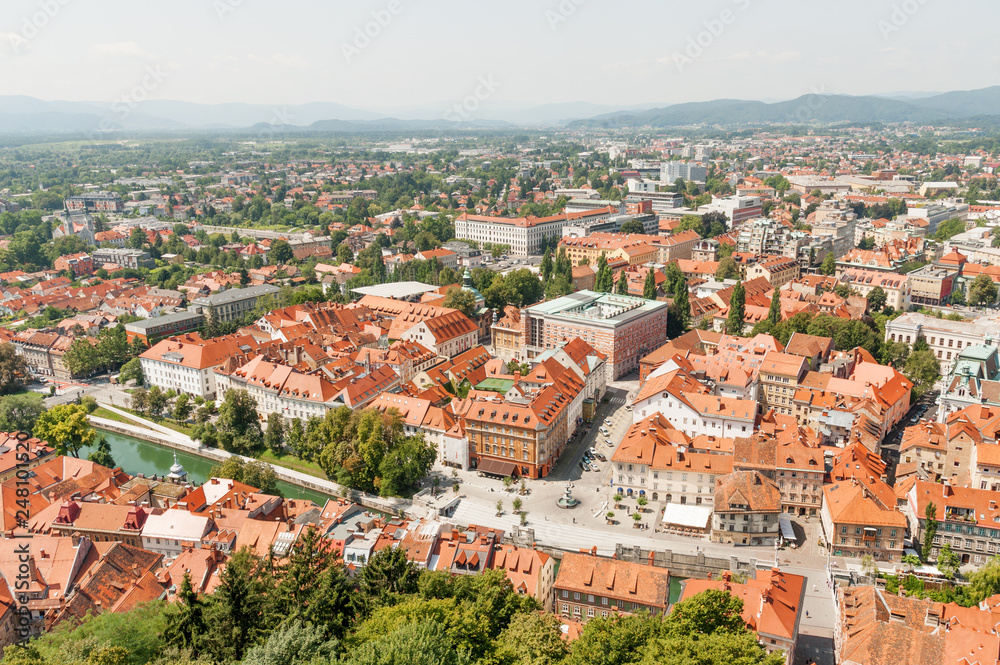 Vibrant summer panorama of Ljubljana historic center from the Castle Hill, Slovenia
