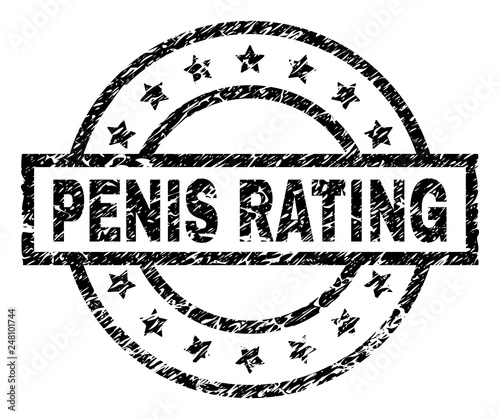 PENIS RATING stamp seal watermark with distress style. Designed with rectangle, circles and stars. Black vector rubber print of PENIS RATING text with corroded texture.