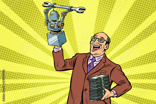 Inventor engineer and robot. New technology progress