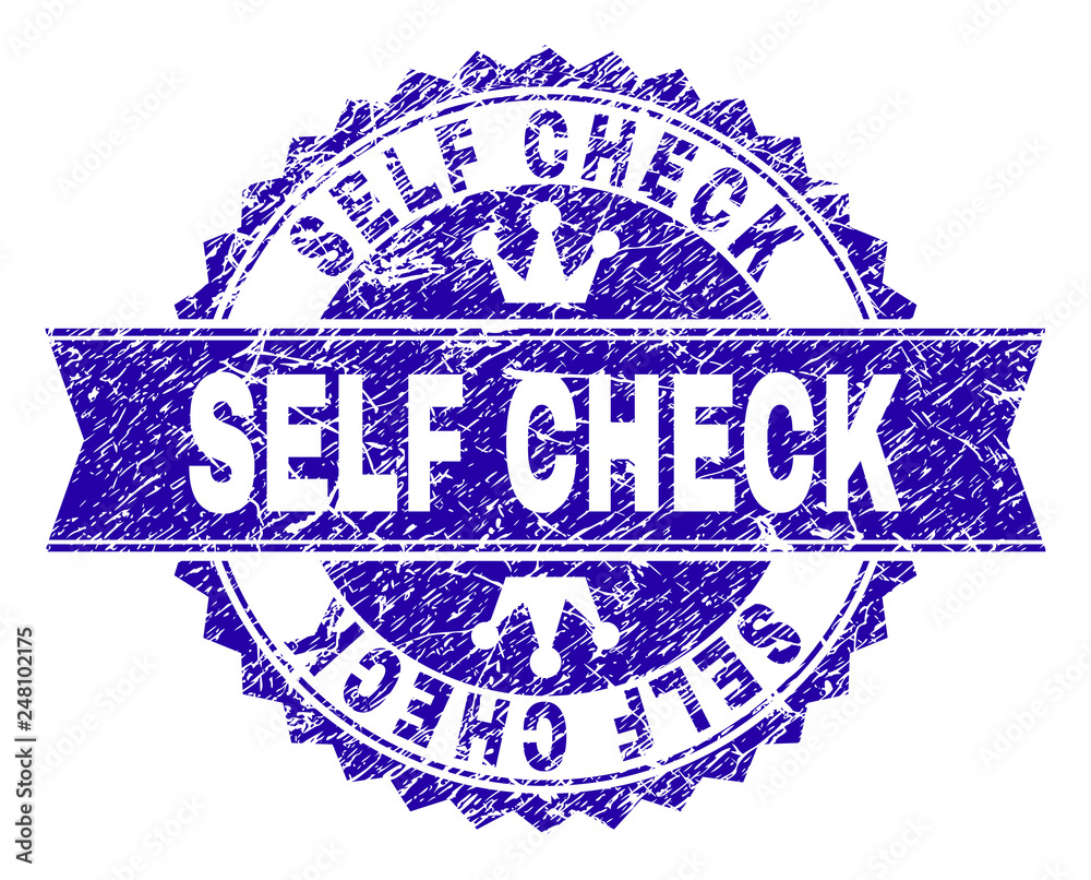 SELF CHECK rosette stamp seal watermark with grunge style. Designed with round rosette, ribbon and small crowns. Blue vector rubber watermark of SELF CHECK tag with grunge style. SELF CHECK rosette stamp seal watermark with grunge style. Designed with round rosette, ribbon and small crowns. Blue vector rubber watermark of SELF CHECK tag with grunge style.