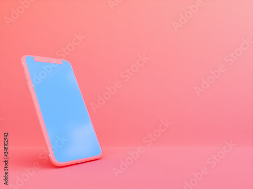 mobile phone in Living Coralcolor background  , 3d render