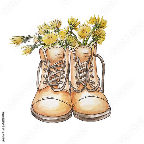  Brown boots like a vase for dandelions for illustrating idioms - two pair boots (they make a pair, two peas in a pod)