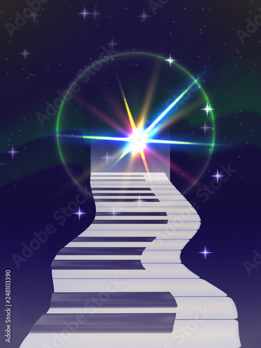 piano keys the track leaving in a flash of beams of light. night sky and stars background