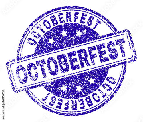 OCTOBERFEST stamp seal watermark with grunge texture. Designed with rounded rectangles and circles. Blue vector rubber print of OCTOBERFEST caption with grunge texture.