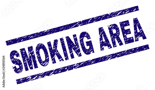 SMOKING AREA seal watermark with grunge style. Blue vector rubber print of SMOKING AREA title with grunge texture. Text caption is placed between parallel lines.