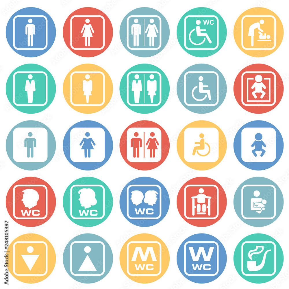 Restroom icons set on color circles white background for graphic and web design, Modern simple vector sign. Internet concept. Trendy symbol for website design web button or mobile app Restroom icons set on color circles white background for graphic and web design, Modern simple vector sign. Internet concept. Trendy symbol for website design web button or mobile app