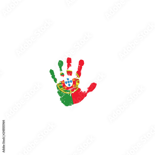 Portugal flag and hand on white background. Vector illustration