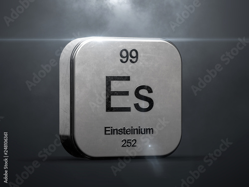 Einsteinium element 99 from the periodic table. Metallic futuristic icon 3D rendered with nice lens flare