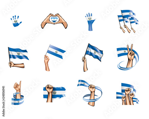 Salvador flag and hand on white background. Vector illustration