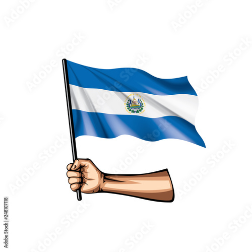 Salvador flag and hand on white background. Vector illustration