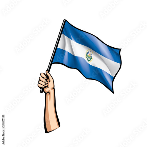 Salvador flag and hand on white background. Vector illustration