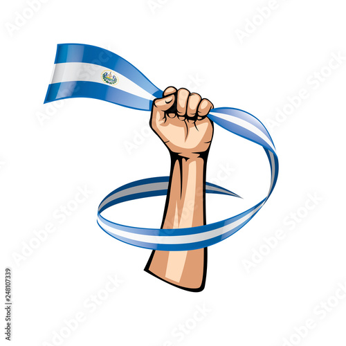 Salvador flag and hand on white background. Vector illustration