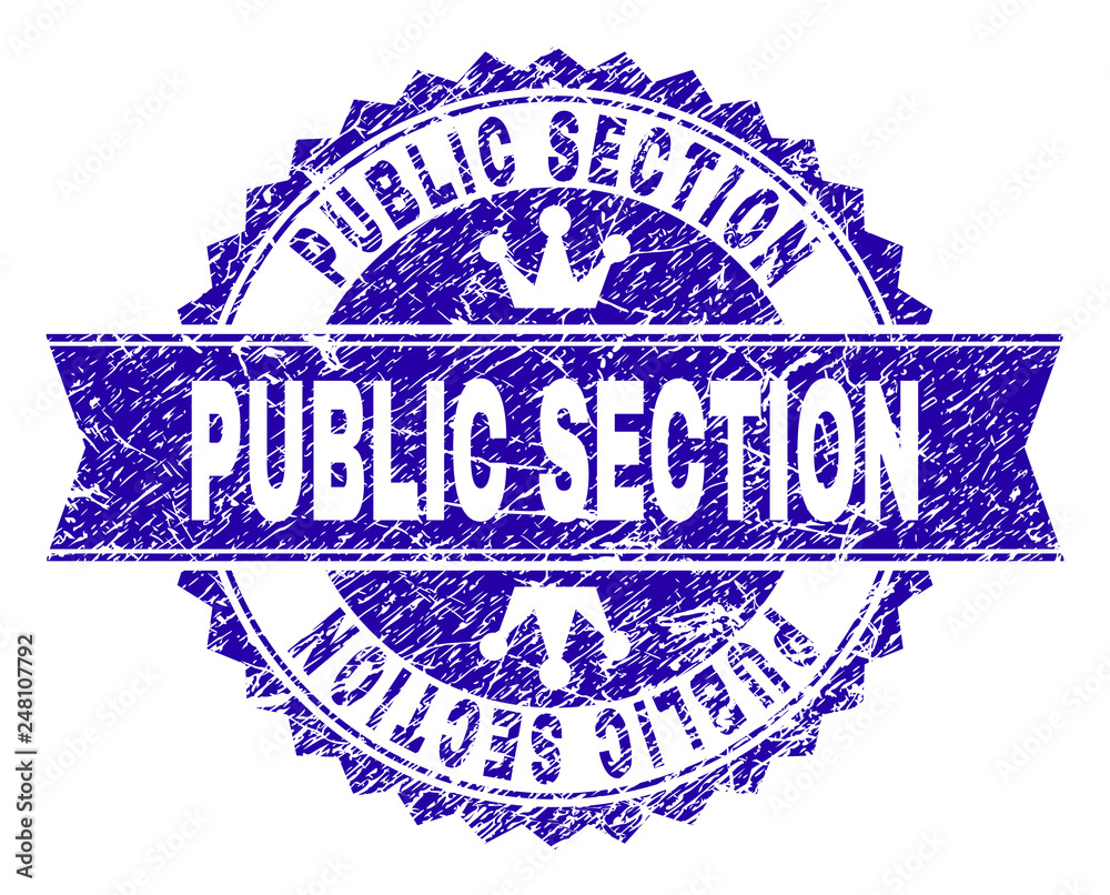 PUBLIC SECTION rosette stamp watermark with grunge texture. Designed with round rosette, ribbon and small crowns. Blue vector rubber print of PUBLIC SECTION title with grunge texture.
