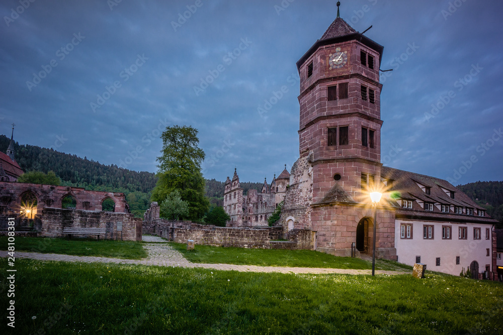 monastery at dawn black forest night time