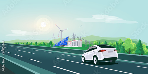 Vector illustration of electric car driving on empty highway road in nature sunset landscape. Renewable energy solar panels, wind turbines, battery storage, high voltage power grid in the background. 