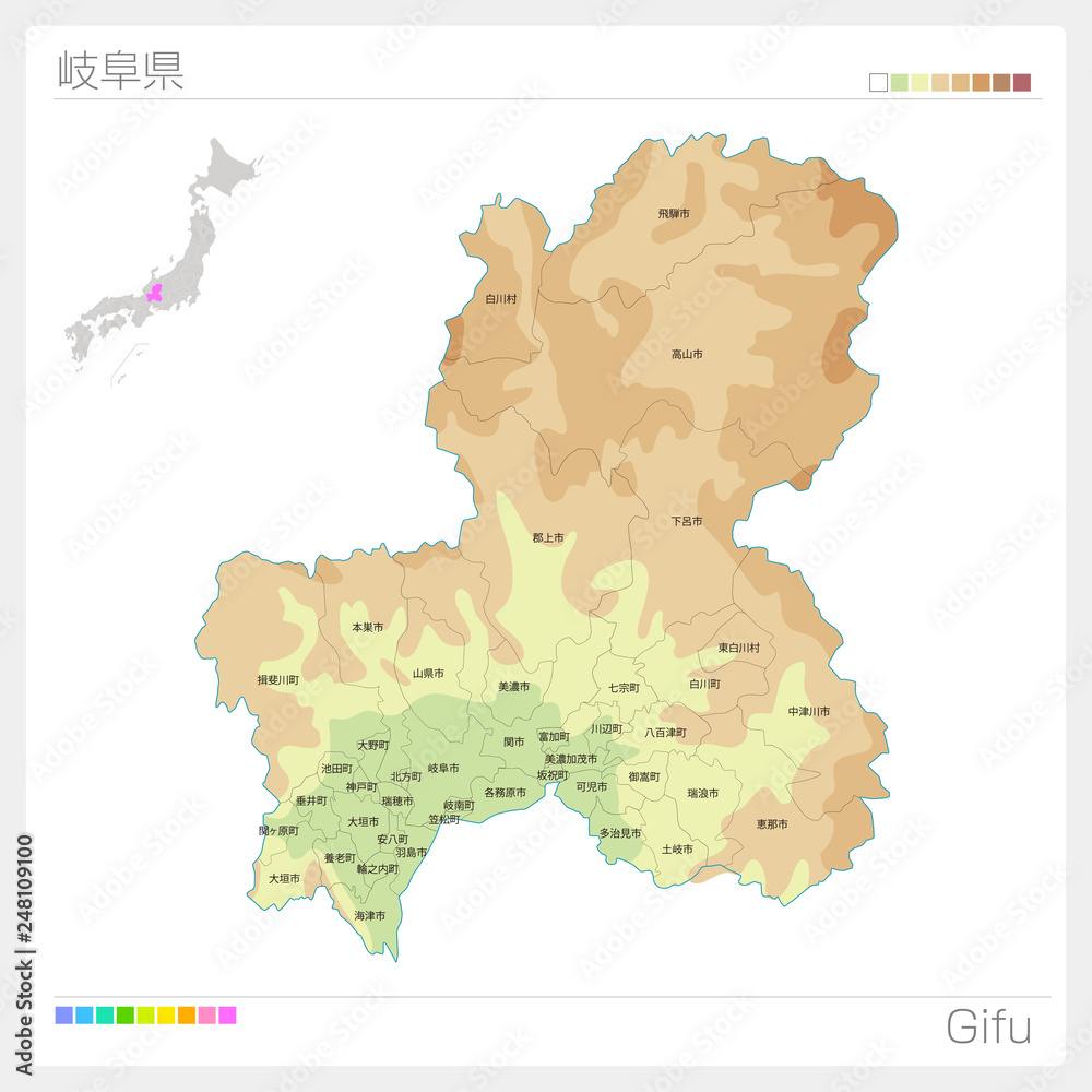 岐阜県の地図（等高線・色分け・市町村・区分け）