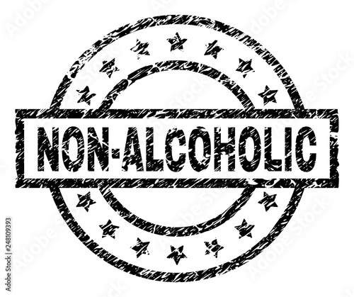 NON-ALCOHOLIC stamp seal watermark with distress style. Designed with rectangle, circles and stars. Black vector rubber print of NON-ALCOHOLIC label with grunge texture.