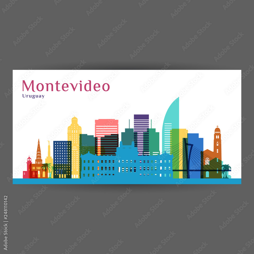Montevideo city architecture silhouette. Colorful skyline. City flat design. Vector business card.