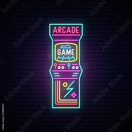 Arcade game machine neon sign. Entertainment emblem. Advertising design. Night light signboard. Vector illustration.