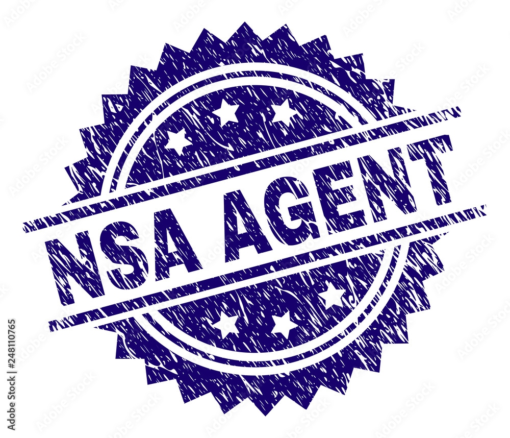NSA AGENT stamp seal watermark with distress style. Blue vector rubber print of NSA AGENT label with unclean texture.