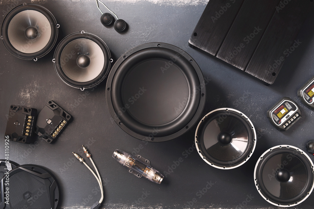 car audio, car speakers, subwoofer and accessories for tuning. Stock Photo  | Adobe Stock