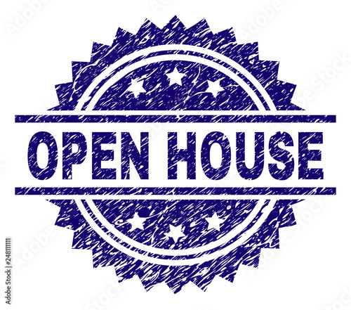 OPEN HOUSE stamp seal watermark with distress style. Blue vector rubber print of OPEN HOUSE title with retro texture.