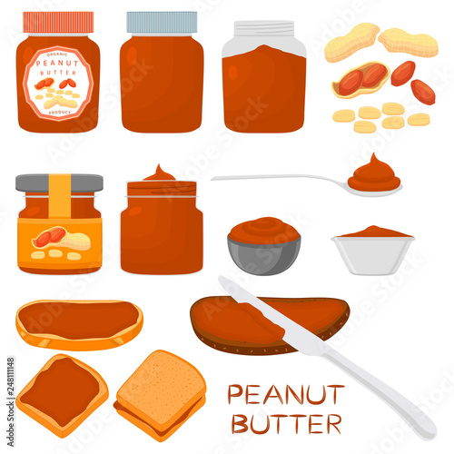 Illustration on theme big colored set different types peanut butter