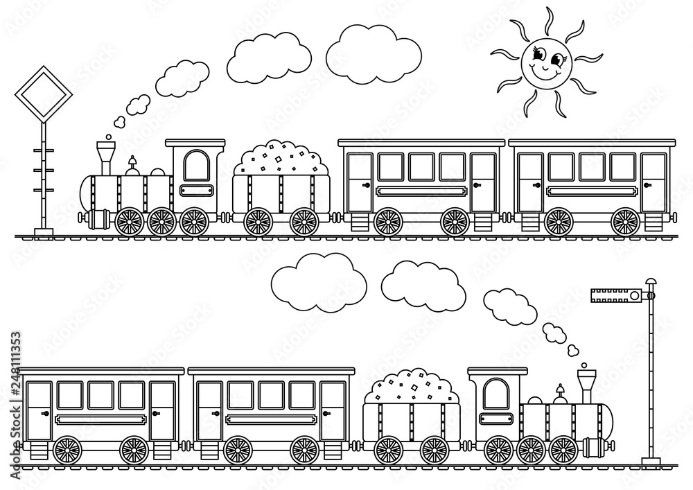 Passenger train, cartoon illustration with locomotive theme set for  children, coloring book or page. Black and white - Vector Stock Vector |  Adobe Stock