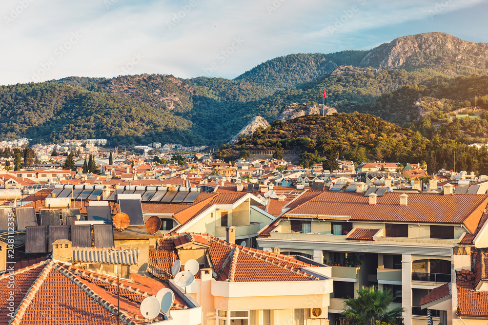 Panoramic view of old street around Castle in Marmaris Town. Marmaris is popular tourist destination in Turkey. Residential area of Marmaris, not far from the castle