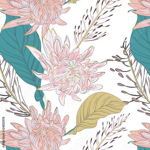 Vector beautiful big hand drawn flowers with tropical leaves summer exotic pattern. Designer foliage wallpaper. Nature minimal pastel decoration.  Thibaut garden botanical art