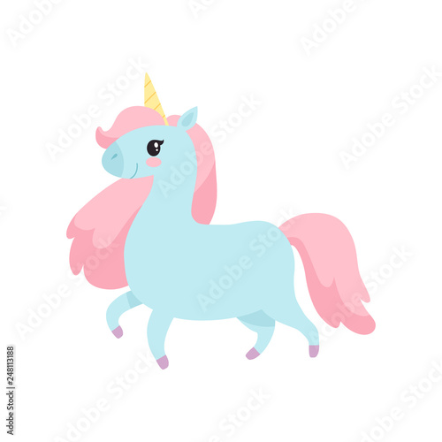 Beautiful Unicorn  Cute Magic Light Blue Animal with Pink Mane Vector Illustration