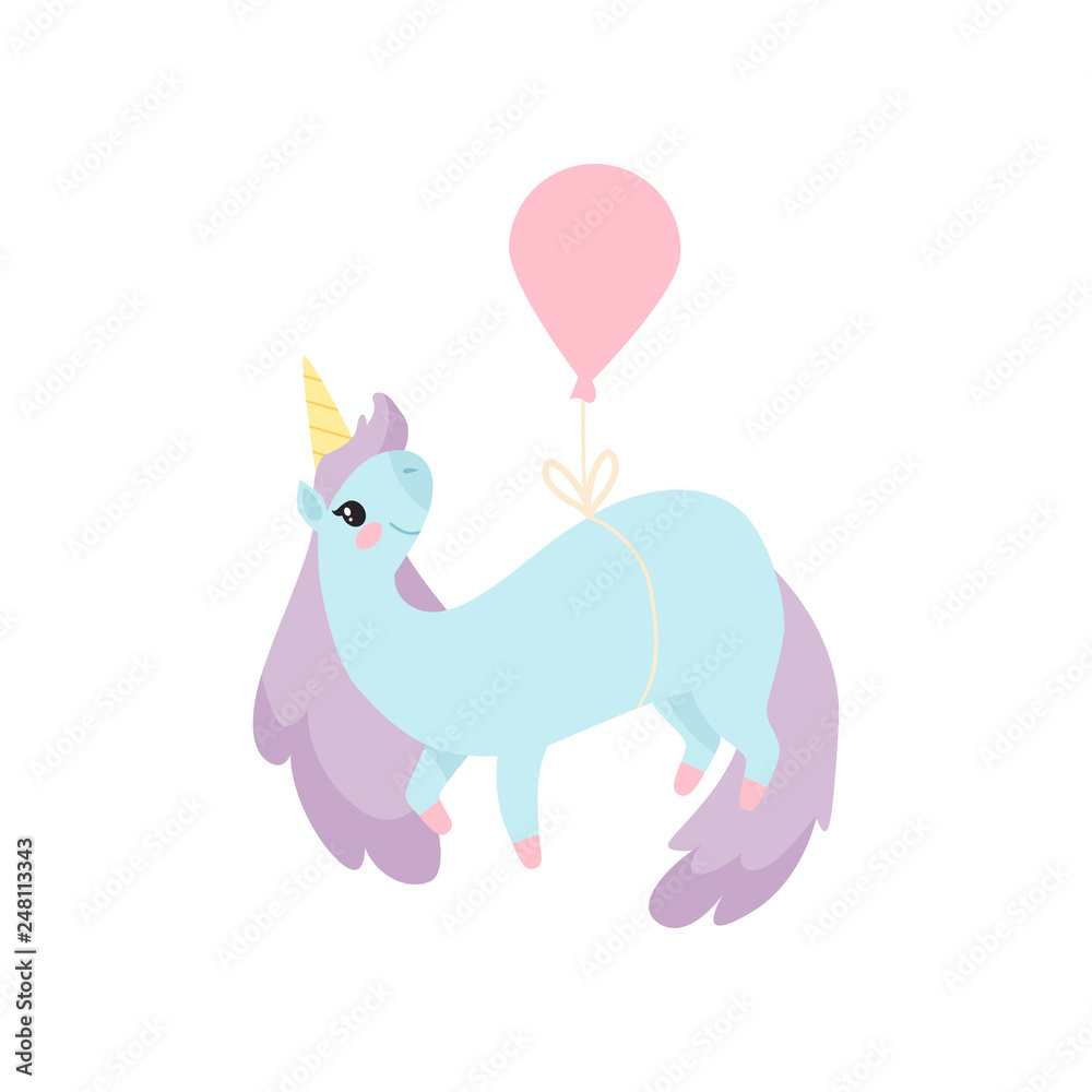Lovely Unicorn with Pink Balloon, Cute Magic Fantasy Animal Vector Illustration