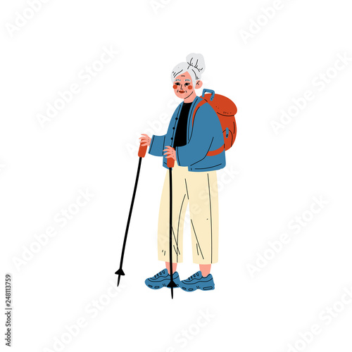 Senior Woman Traveling with Backpack, Nordic Walking, Old Lady Daily Activity Vector Illustration