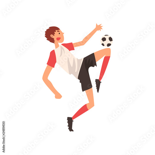 Soccer Player Kicking Ball, Professional Football Player Character in Sports Uniform Vector Illustration © topvectors