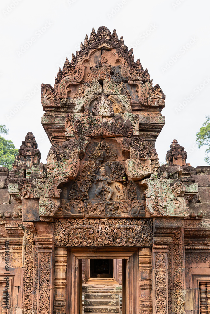 wonderful carvings in the kudu-arch at the temple.Banteay Srei temple, Siem Reap, Cambodia, Asia