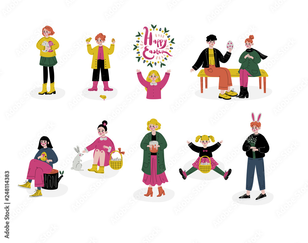 Happy Easter, Children Celebrating Holiday, Boys and Girls Holding Basket of Colorful Eggs, Cakes, Branches of Spring Trees Set Vector Illustration