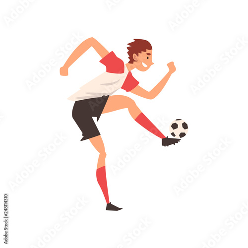 Soccer Player Kicking Ball, Professional Football Player Character in Uniform Training and Practicing Soccer, Front View Vector Illustration © topvectors