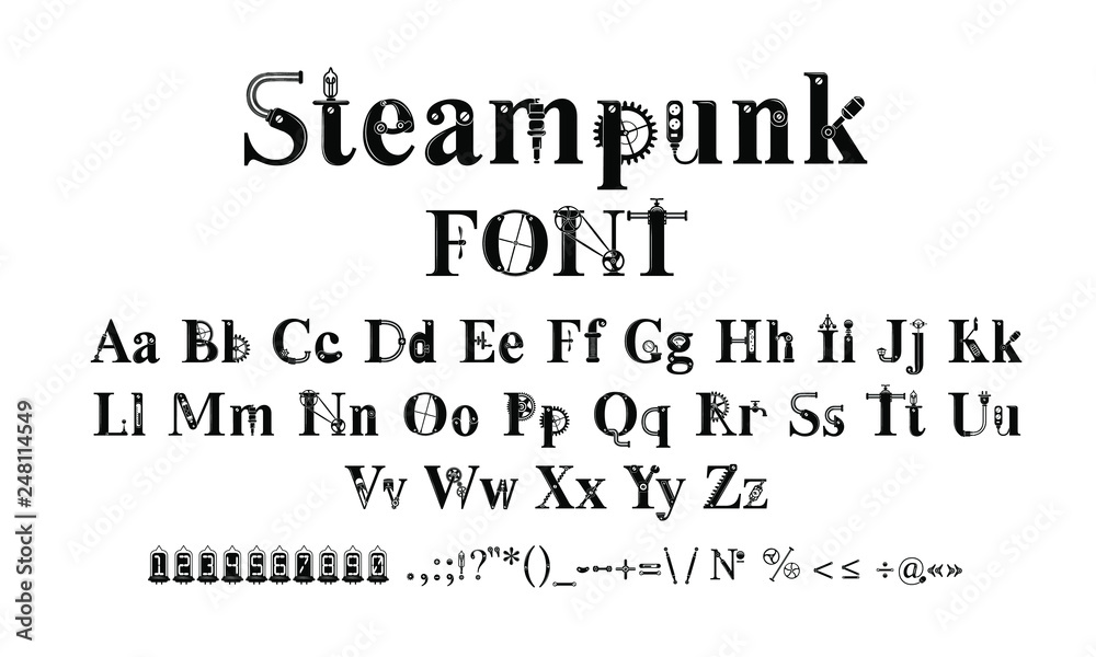 Obraz premium steampunk font, letters from mechanics, Alphabet font from gears and mechanical parts