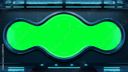Fototapeta Naklejka Na Ścianę i Meble -  Black tech spaceship round window interior background 3D rendering