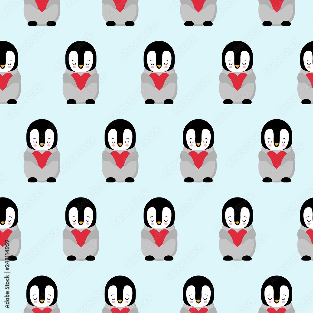 Seamless Pattern with Cartoon Penguin and Heart Design on Blue Background Seamless Pattern with Cartoon Penguin and Heart Design on Blue Background