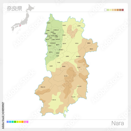 奈良県の地図（等高線・色分け・市町村・区分け）